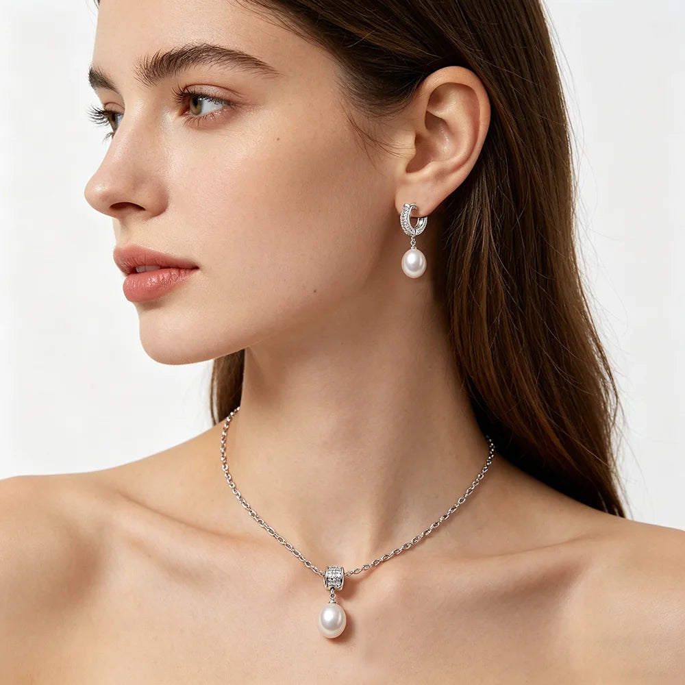 Luxury 925 Silver Natural Freshwater Pearl Necklace and Earrings Set for Women - Elegant Jewelry Gift for Wife or Mother on Birthdays