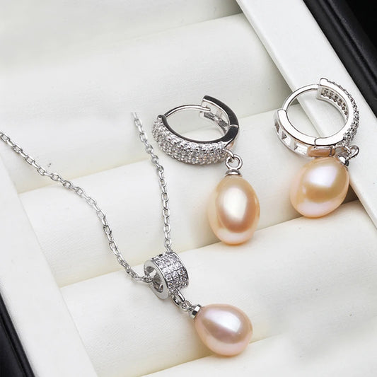 Luxury 925 Silver Natural Freshwater Pearl Necklace and Earrings Set for Women - Elegant Gift for Birthdays, Wives, and Mothers in White