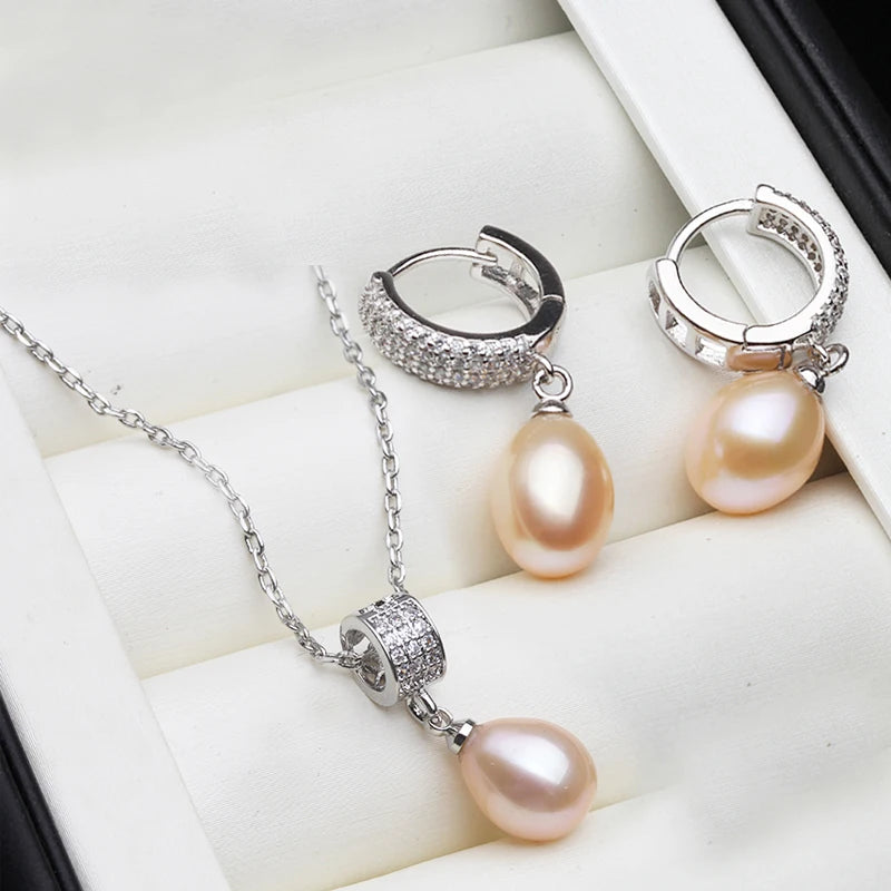 Natural Freshwater Pearl Necklace and Earrings Set in Luxury 925 Silver - Elegant Jewelry Gift for Wife or Mother on Birthdays
