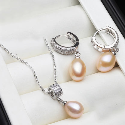 Natural Freshwater Pearl Necklace and Earrings Set in Luxury 925 Silver - Elegant Jewelry Gift for Wife or Mother on Birthdays