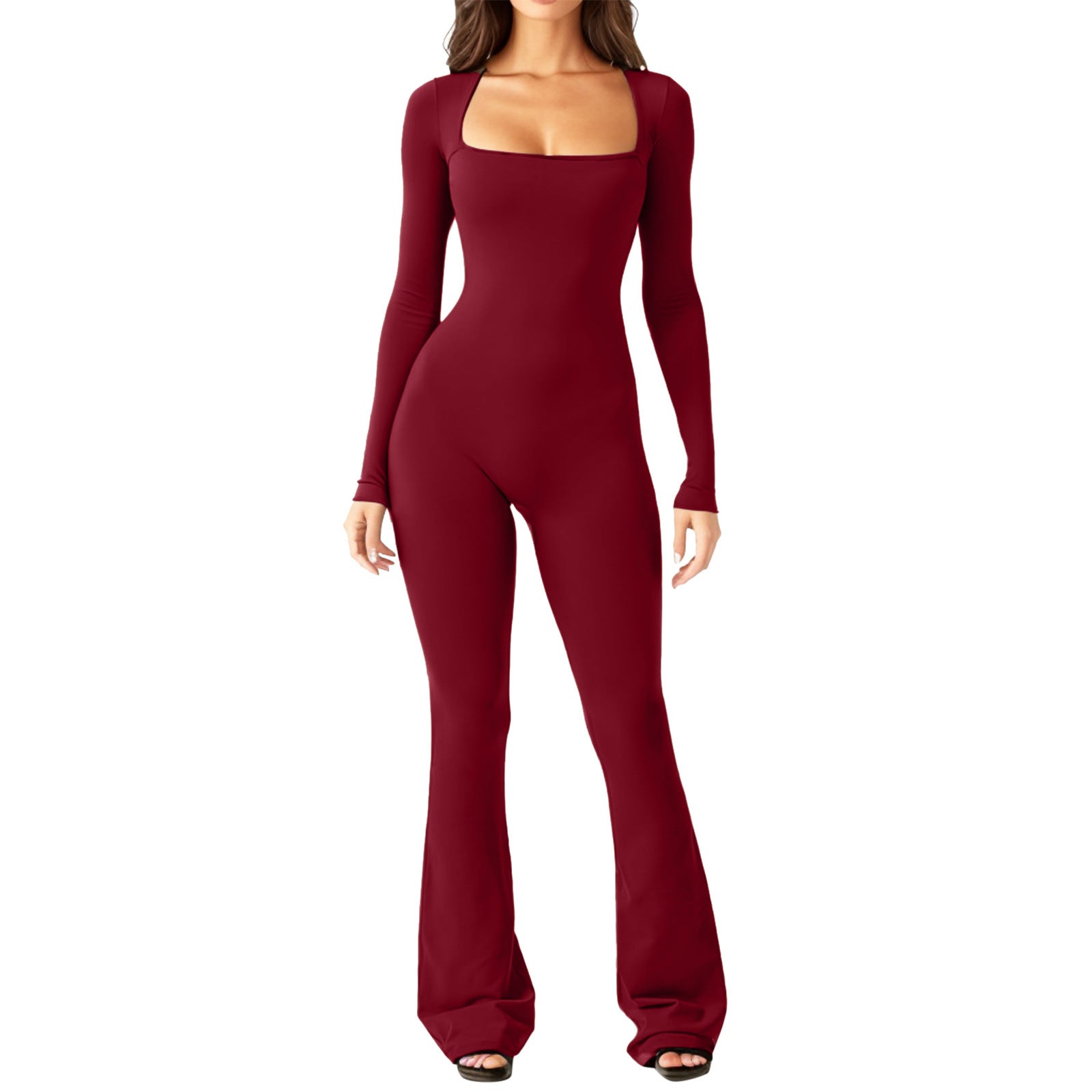 Elevate Your Style with Our Women’s Long Sleeve Square Collar Jumpsuit - Perfect for Shaping Your Waist and Lifting Your Hips!