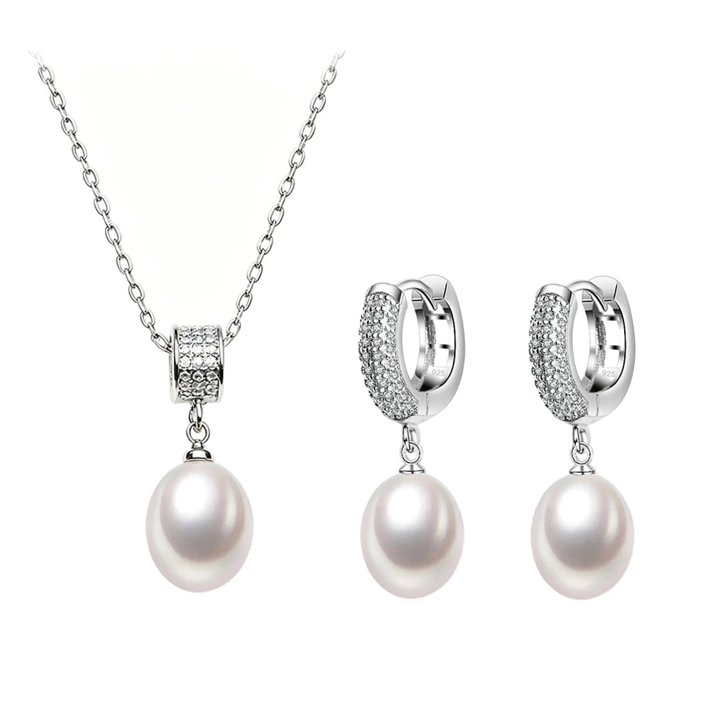 Natural Freshwater Pearl Necklace and Earrings Set in Luxury 925 Silver - Elegant Jewelry Gift for Wife or Mother on Birthdays