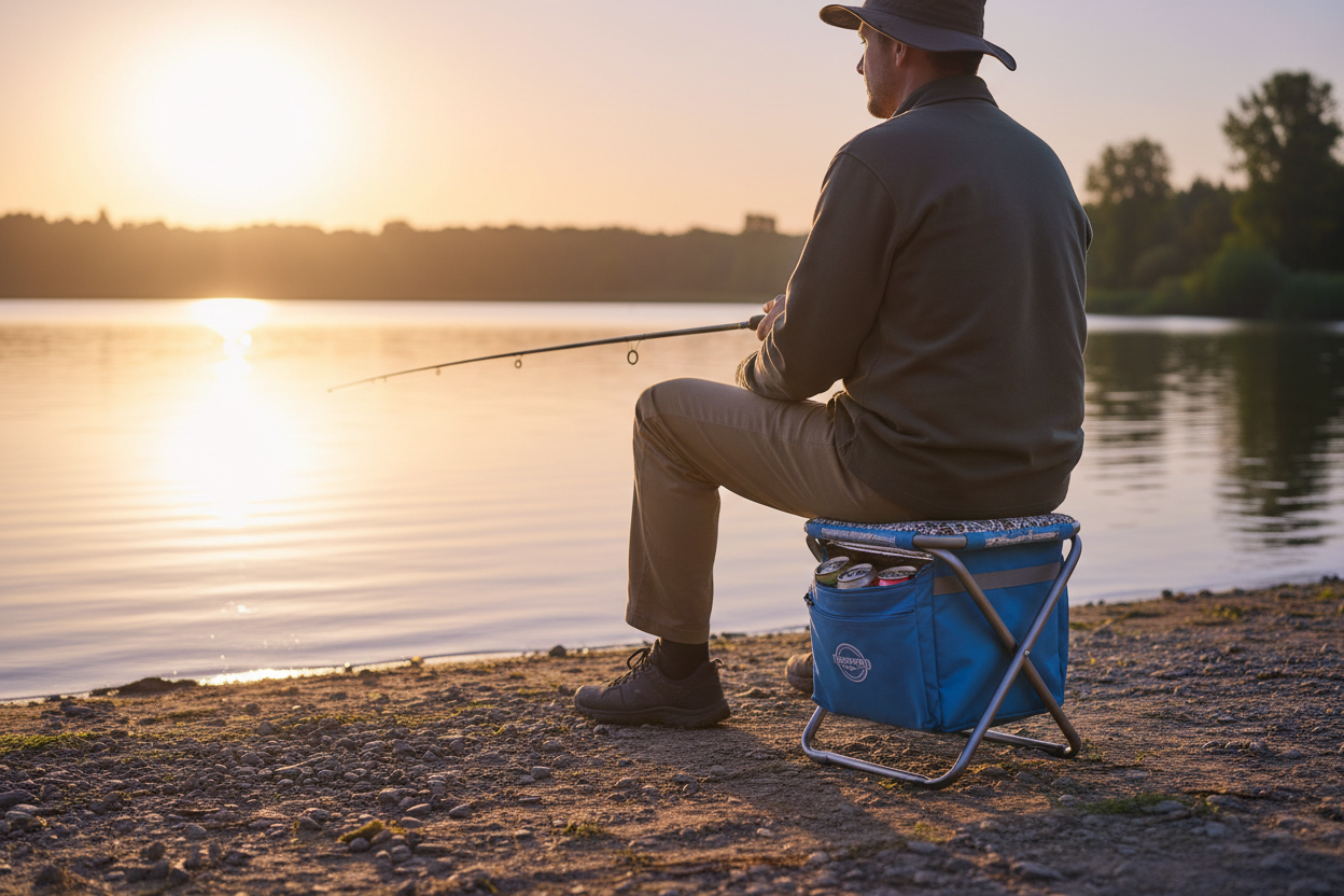 Persona pescando sentada en taburete plegable con nevera integrada