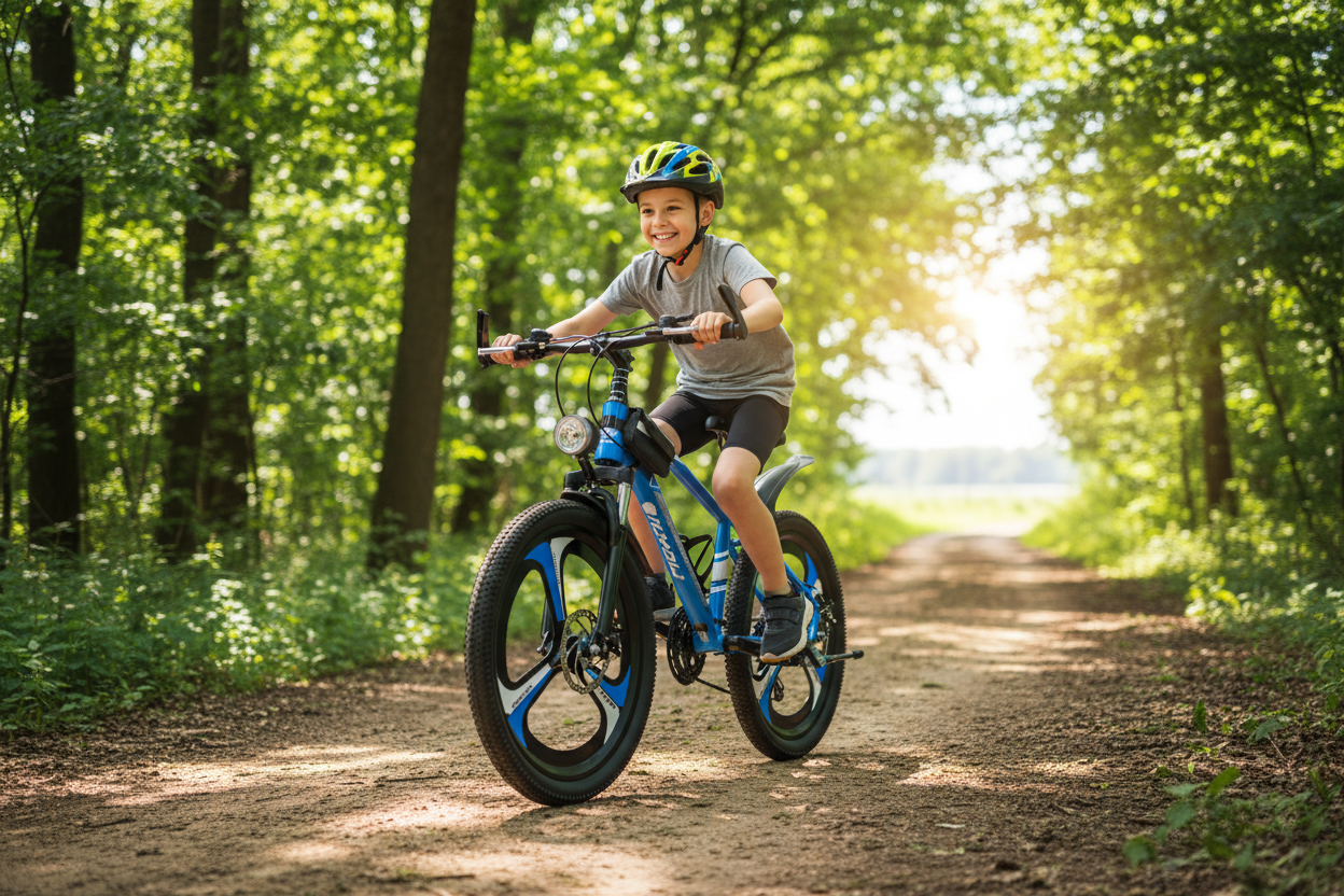 Kind fährt blaues Mountainbike